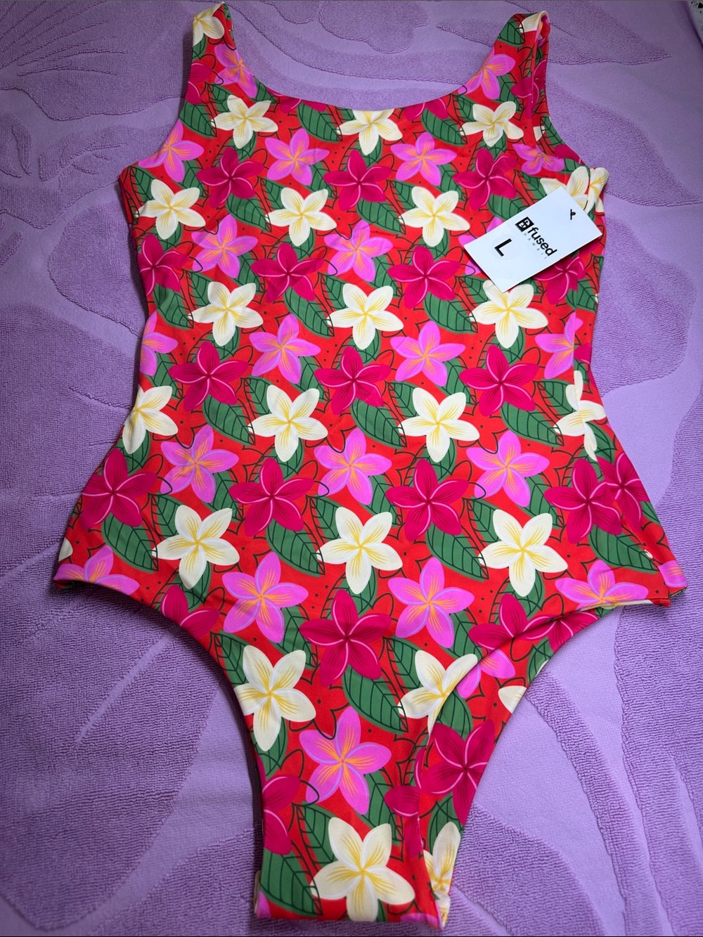 Fused Hawaii Floral One-Piece Swimsuit in Coral Red with Pink & Yellow Flowers